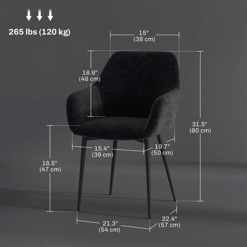 Dining Chairs Set of 2, Velvet-look Fabric Upholstered Kitchen Chairs with Backrest, Armrests and Steel Legs, Black