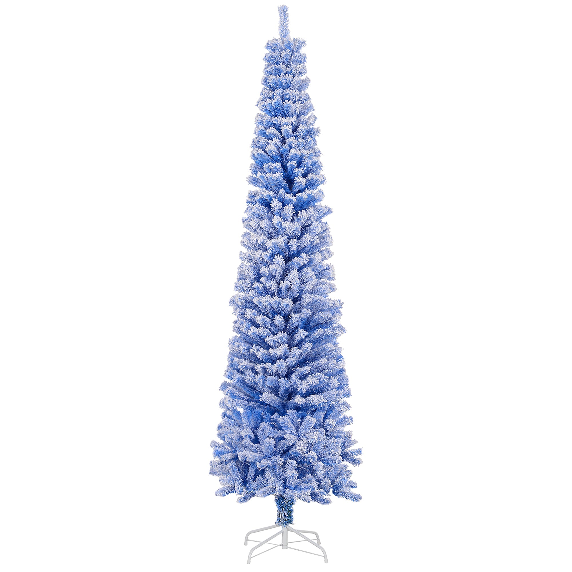 HOMCOM 7.5ft Flocked Christmas Tree, Pencil Christmas Tree with Realistic Branch Tips, Folding Metal Stand, Blue