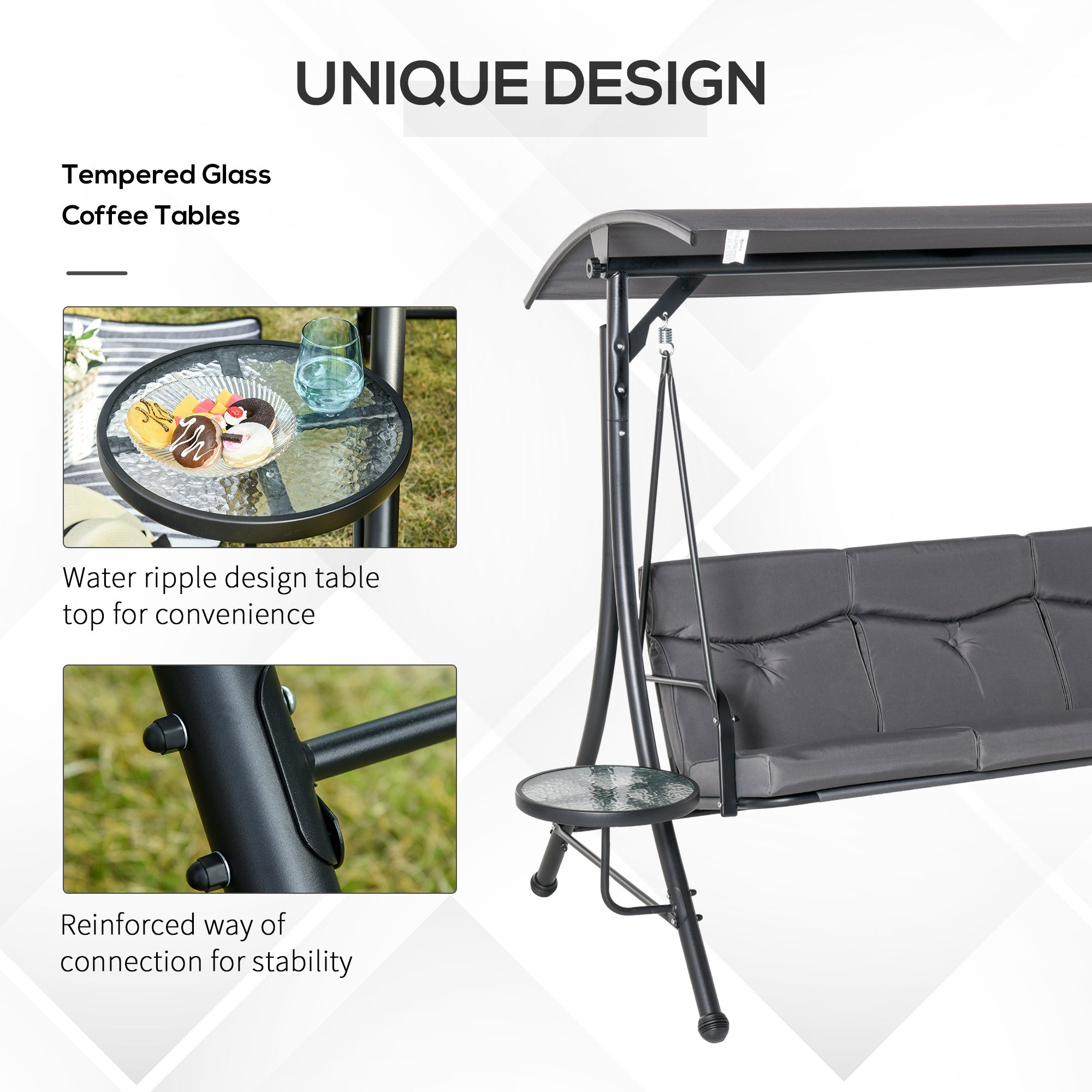 Outsunny 3 Seat Outdoor Swing Chair Steel Swing Bench Porch Swing With Adjustable Canopy & Coffee Tables & Cushion for Patio Garden