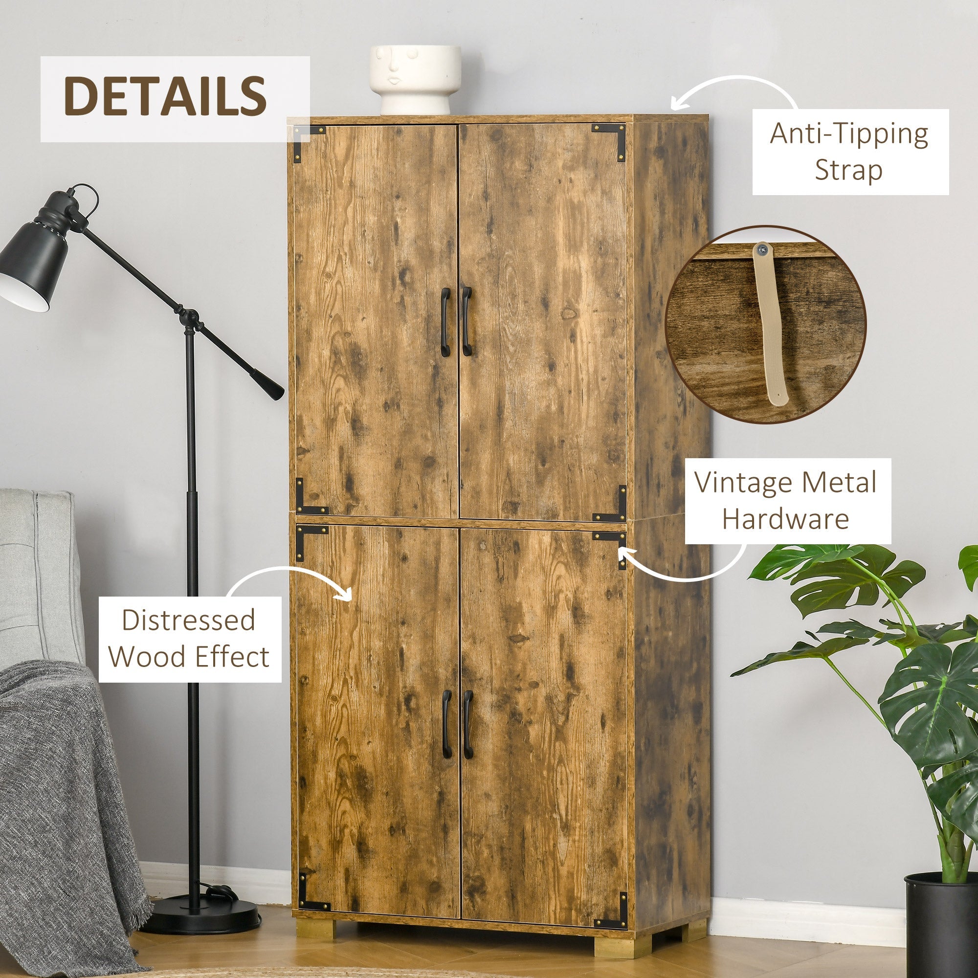 HOMCOM Farmhouse Rustic Brown Kitchen Pantry Storage Cabinet 4 Doors Shelves Cupboard Organizer Furniture