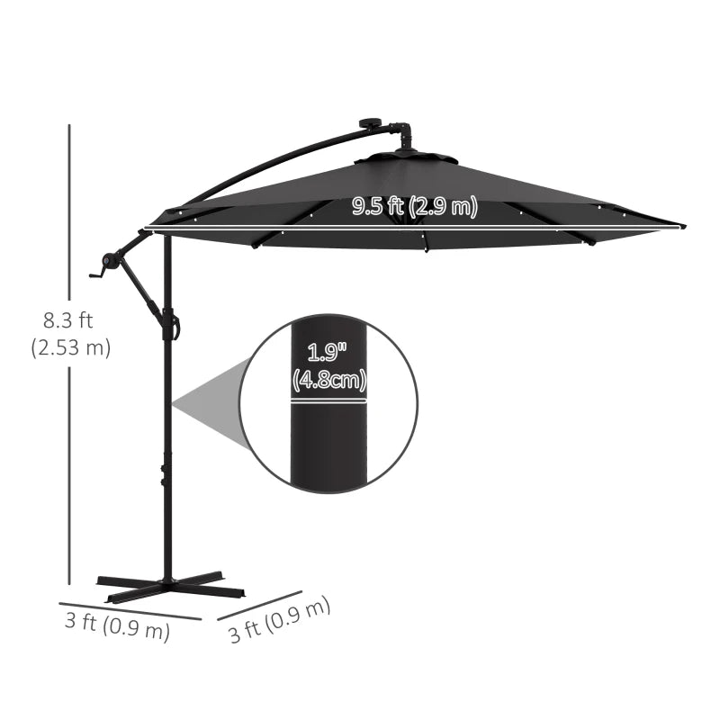 9.5' Offset Patio Umbrella Garden Parasol with Solar LED Lights and Weights, Dark Grey