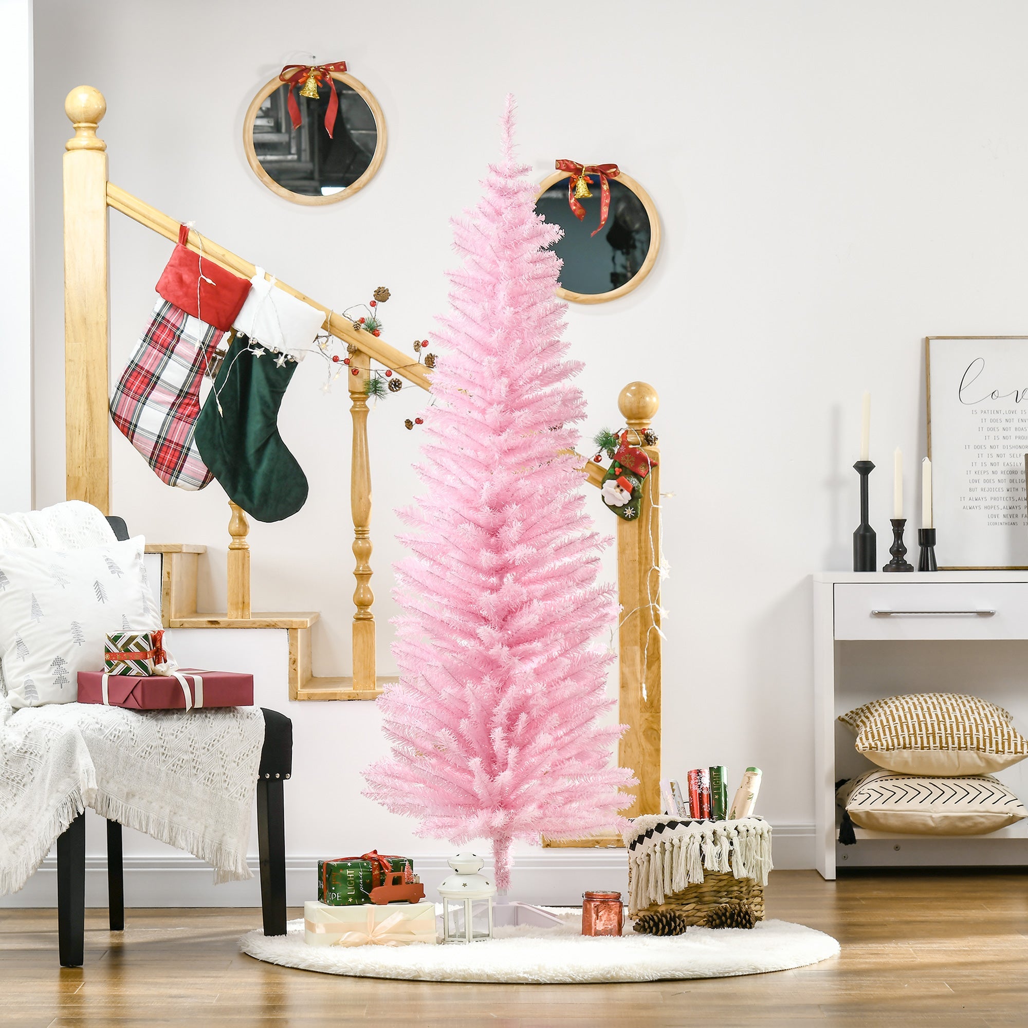 HOMCOM 6' Pencil Christmas Tree, Slim Artificial Xmas Tree with Realistic Branches, Sturdy Metal Stand, Pink