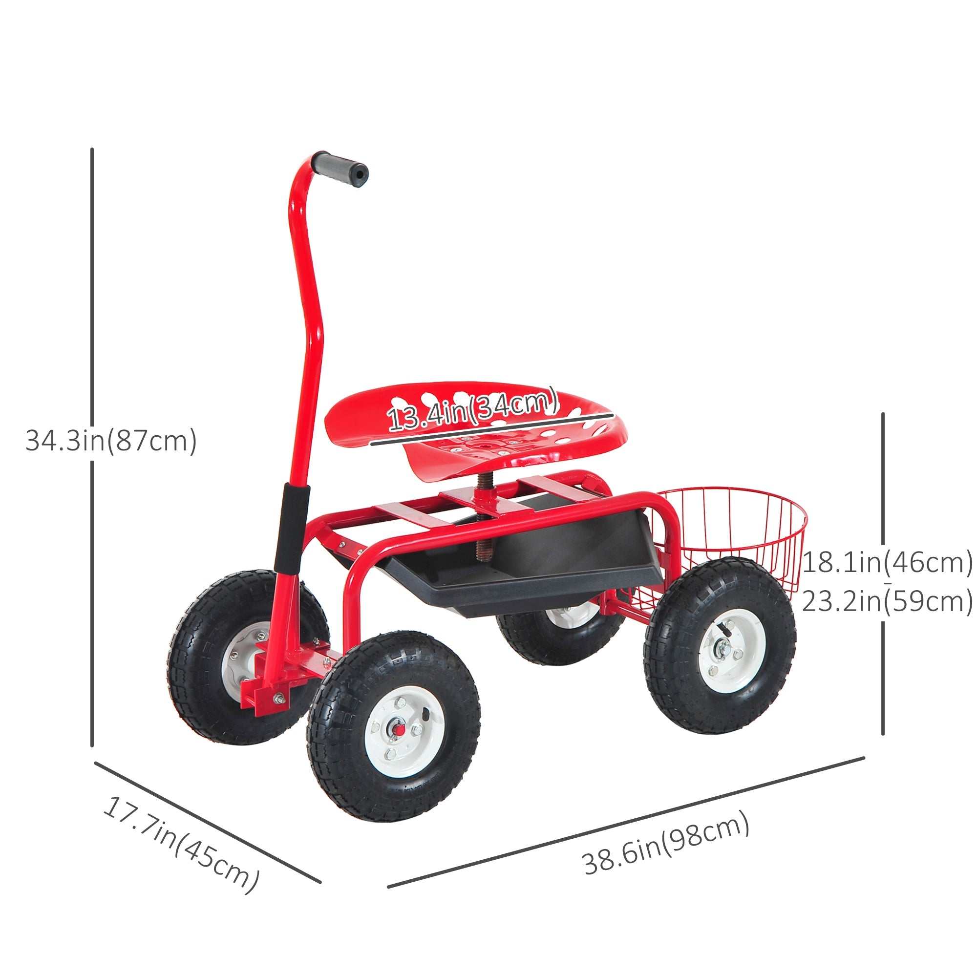 Outsunny Garden Cart, Rolling Scooter with Swivel and Adjustable Seat, Tool Tray, Bucket Basket, Red and Black