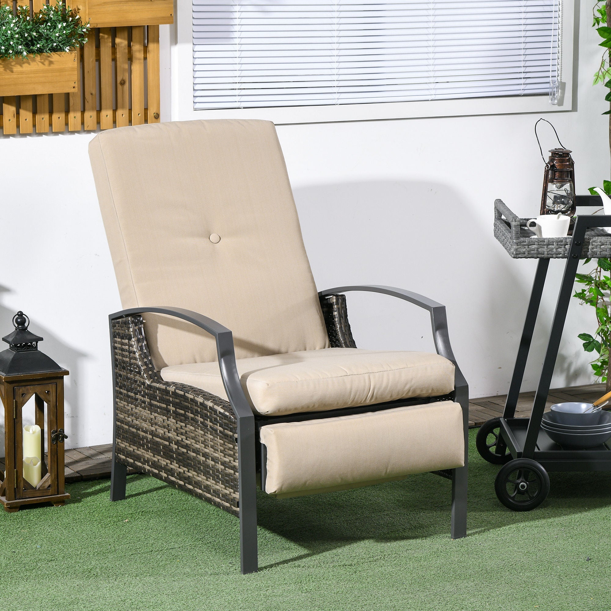 Outsunny Rattan Recliner Chair for Outside Wicker Reclining Chair with Adjustable Back Retractable Footrest Cushion Khaki