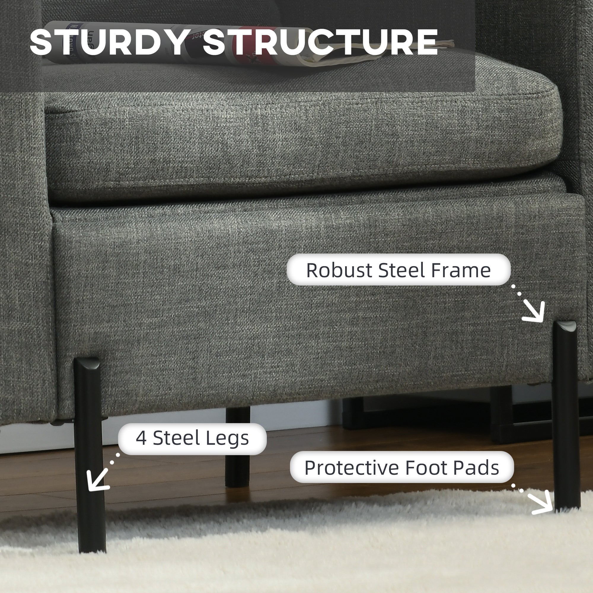 HOMCOM Cozy Armchair with Pockets: Fabric Upholstery on Sleek Metal Frame, Charcoal Grey