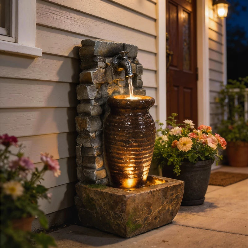 Outdoor Water Fountain Adjustable Water Flow Garden Fountain with LED Lights Rustic Urn Design