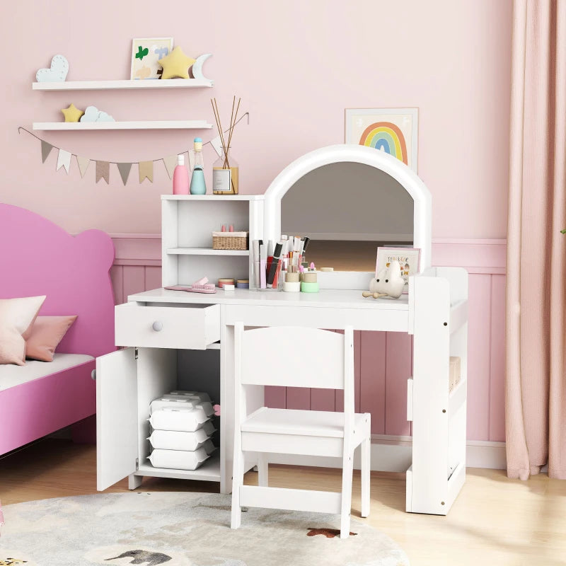Qaba Kids Vanity Set, Toddler Dressing Table and Chair Set with Lighted Mirror, Cabinet, Drawer and Shelves, White