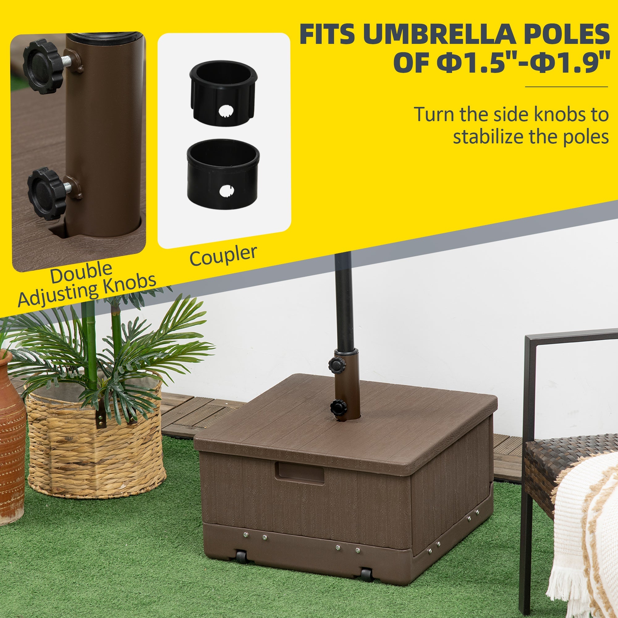 Outsunny 3-in-1 Outdoor Umbrella Base with Wheels, Side Table, Planter Box, 175lbs Heavy Duty Patio Umbrella Stand, Brown