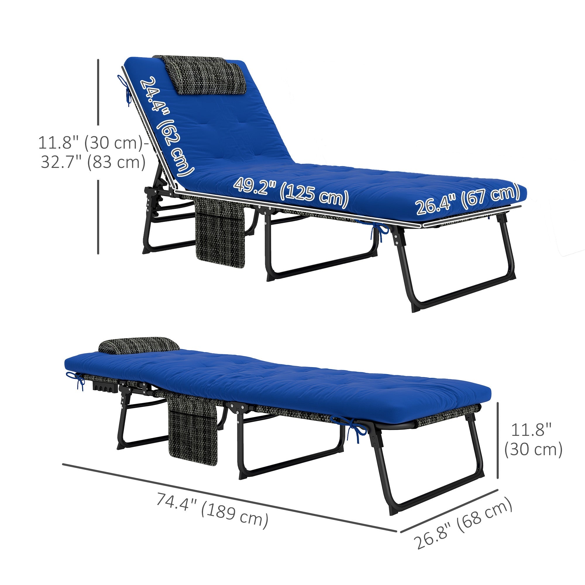 Outsunny 2 Pieces Folding Lounge Chairs with 4-level Reclining Back, Tanning Chair with Cushion, Sun Lounger with Breathable Mesh Fabric, Side Pocket, Headrest, Blue