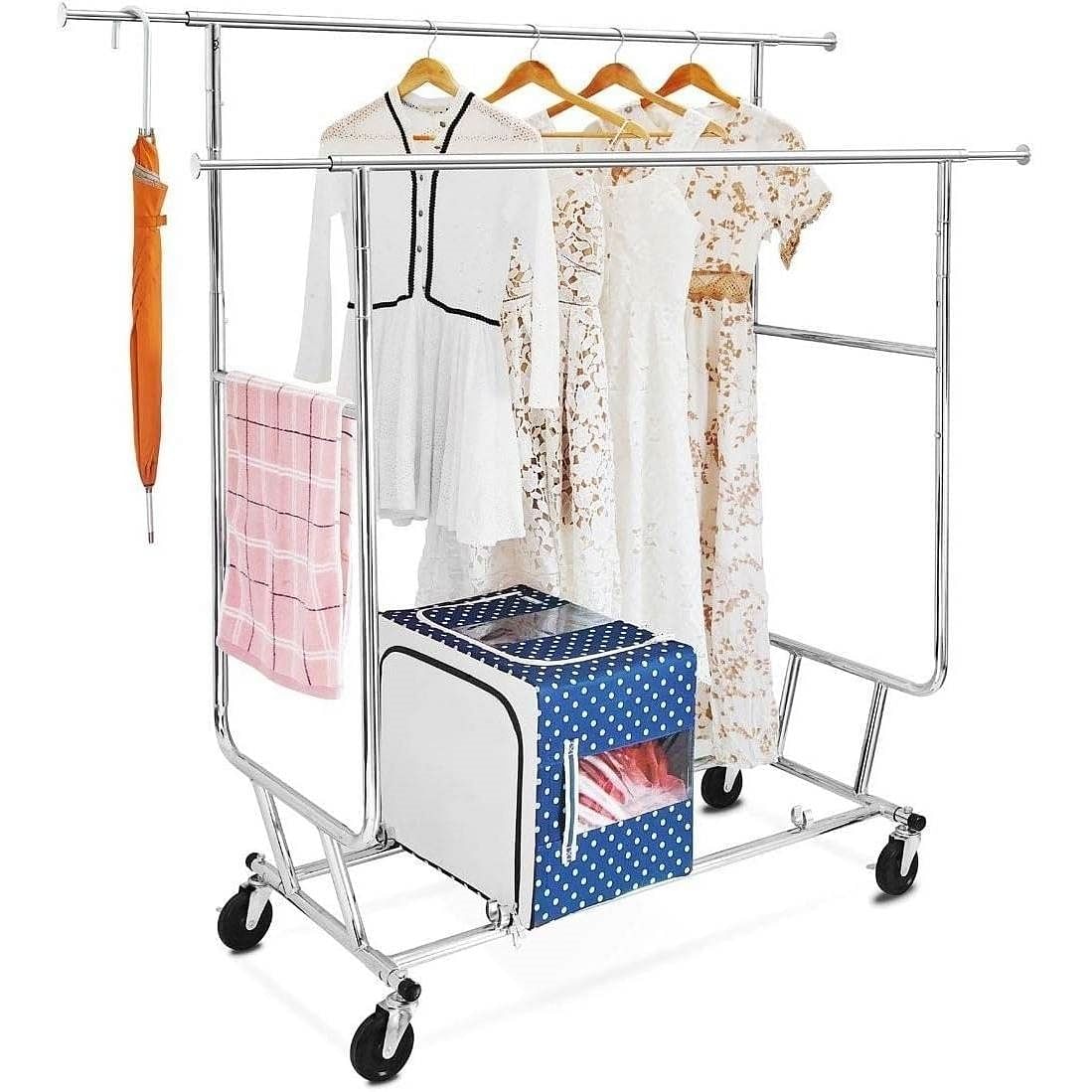 Heavy Duty Double Bar Clothes Hanging Garment Rack on Lockable Wheels - Free Shipping