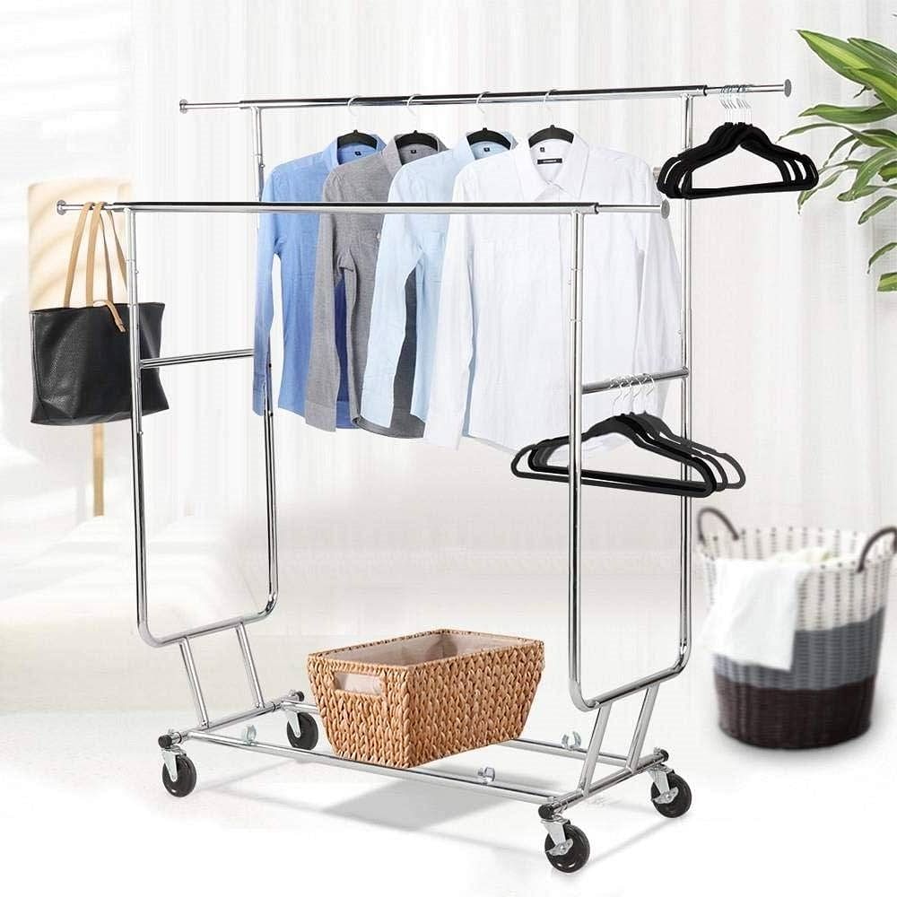Heavy Duty Double Bar Clothes Hanging Garment Rack on Lockable Wheels - Free Shipping