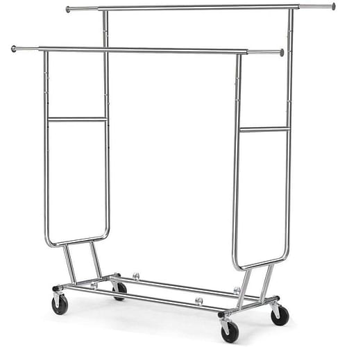 Heavy Duty Double Bar Clothes Hanging Garment Rack on Lockable Wheels - Free Shipping