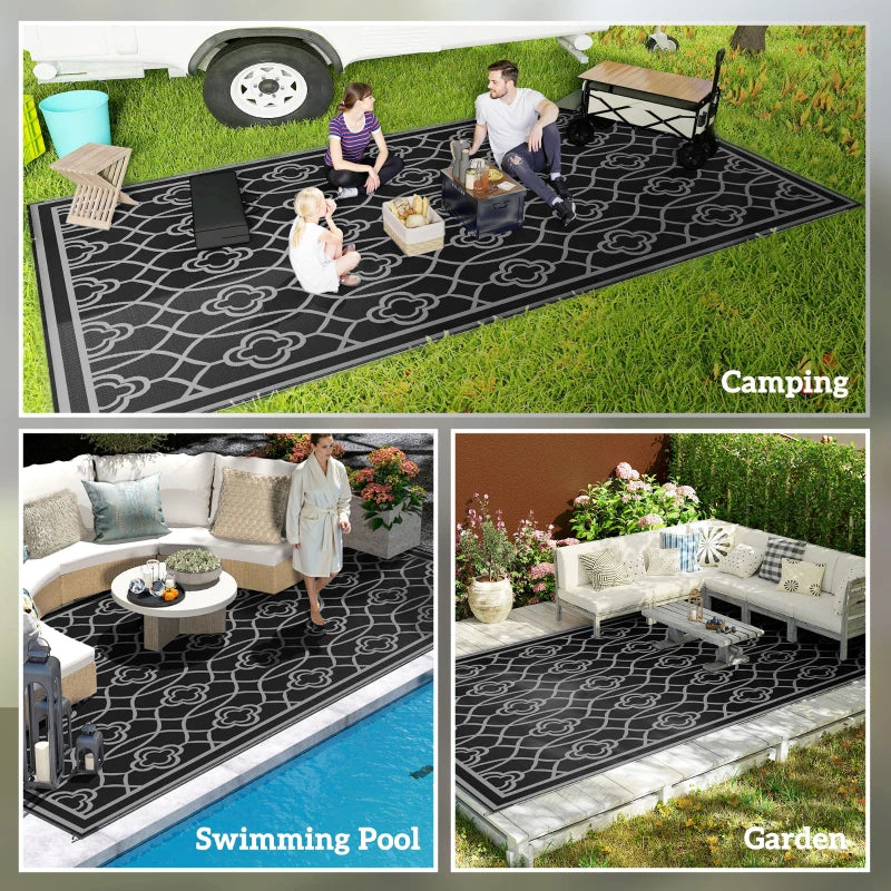 9' x 18' Outdoor RV Rug, Reversible Patio Floor Mat with Carry Bag, Lantern, Black and Grey
