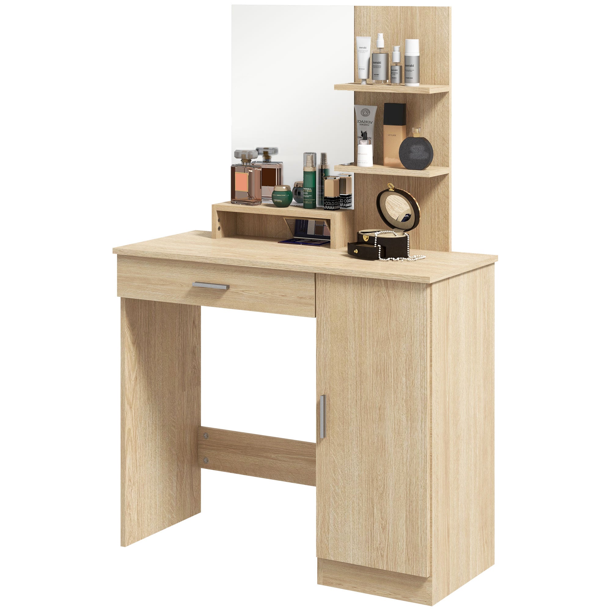 HOMCOM Dressing Table, Vanity Table with Mirror, Drawer and Storage Shelves for Bedroom, 35.4" x 15" x 54.3", Maple Wood