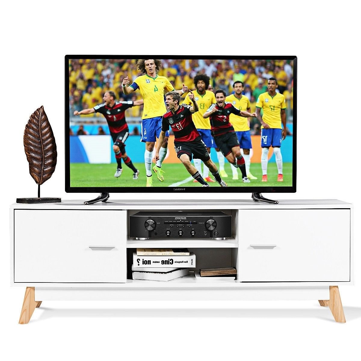 Modern Mid-Century Style Entertainment Center TV Stand in White Wood Finish - Free Shipping