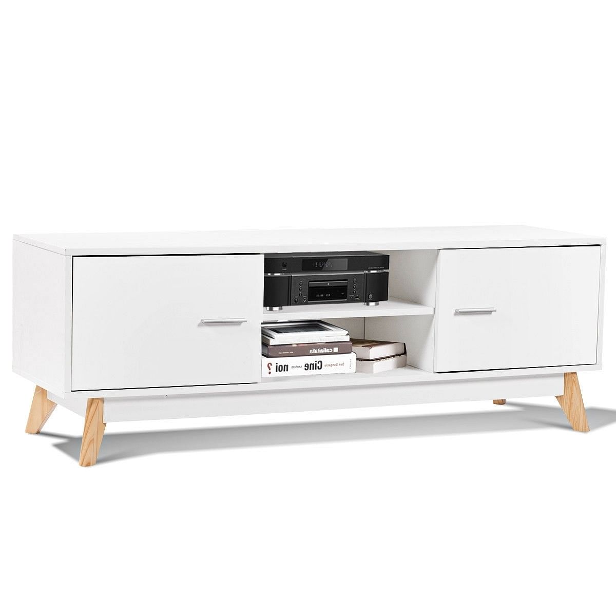 Modern Mid-Century Style Entertainment Center TV Stand in White Wood Finish - Free Shipping