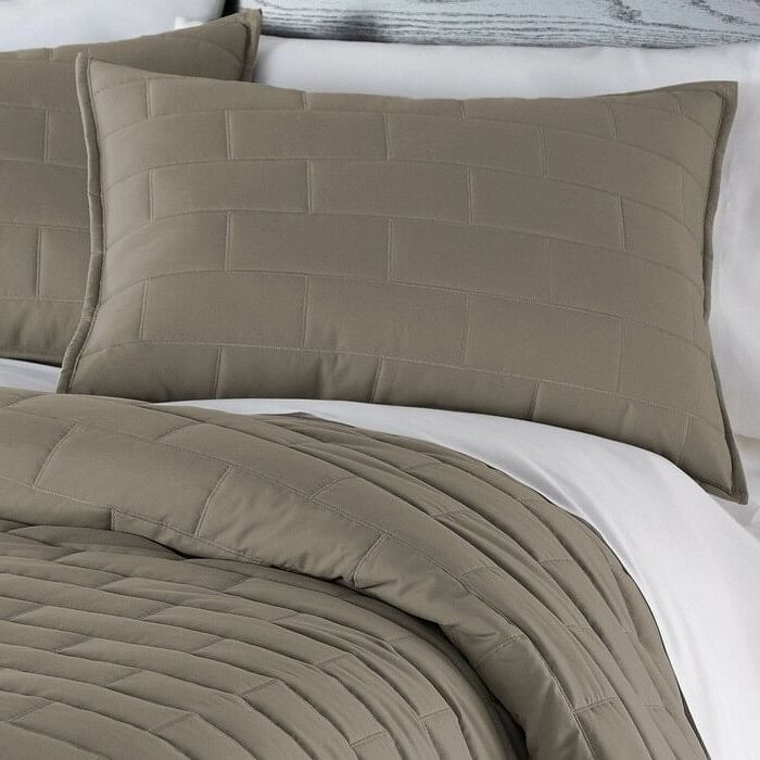 King/Cal King Modern Brick Stitch Microfiber Reversible 3 Piece Comforter Set in Taupe - Free Shipping