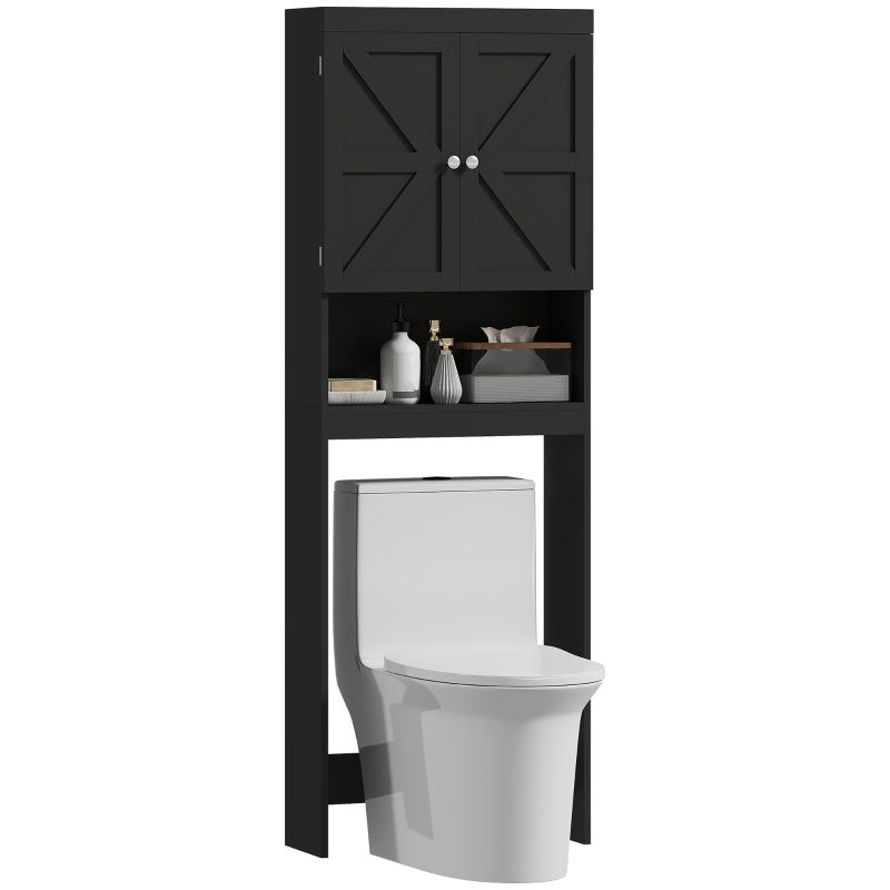 Over The Toilet Cabinet, Modern Bathroom Above Toilet Storage with Barn Doors and Open Shelf, Black