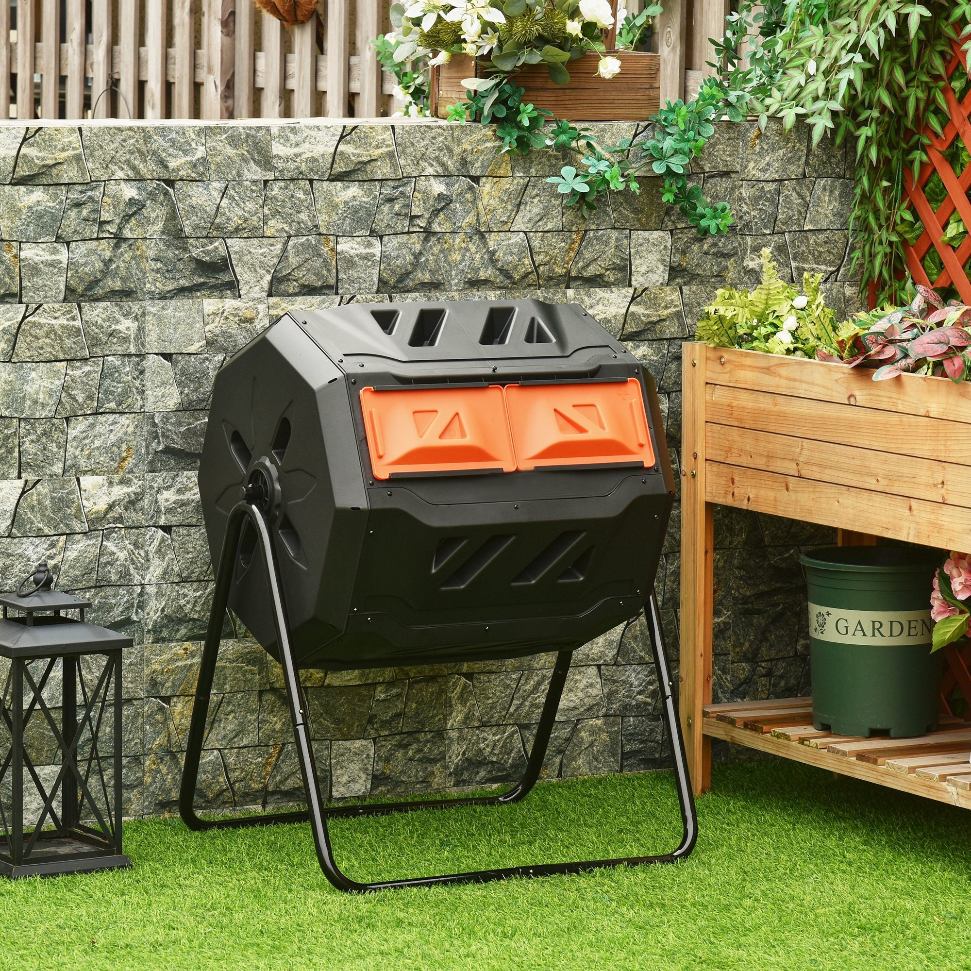 Outsunny Tumbling Composter Dual Chamber, 360° Rotation, 43 Gallon, Easy Access Sliding Doors, in Orange