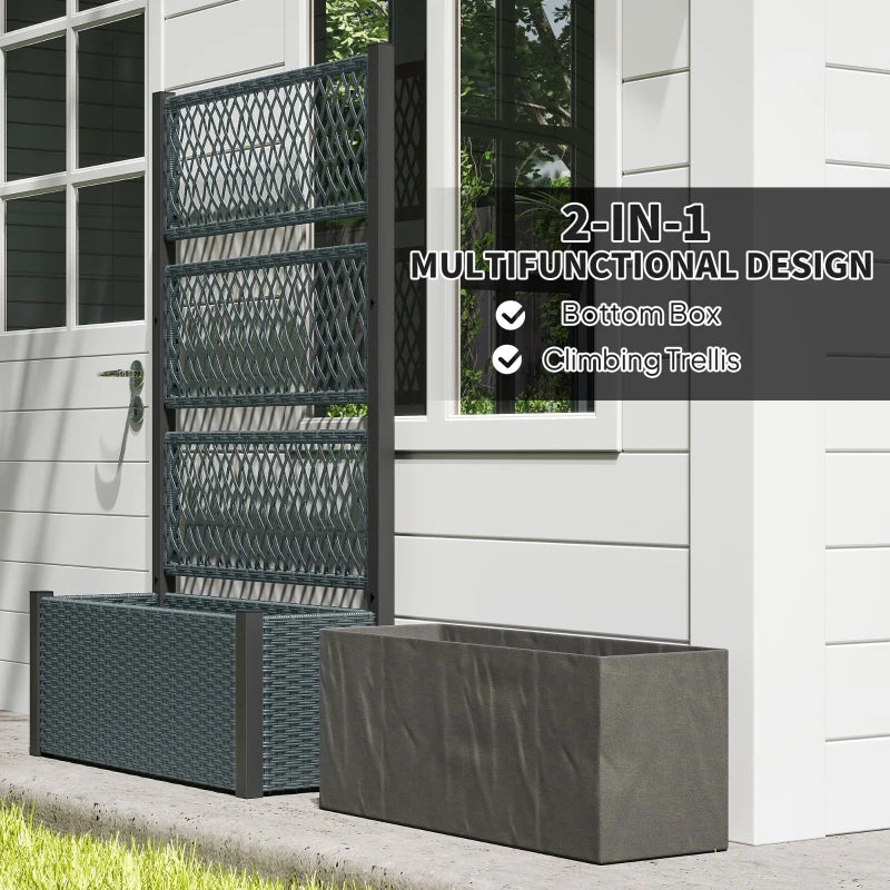 Wicker Outdoor Planter with Trellis, 58" Standing Garden Bed with Liner, Drainage Holes for Climbing Plants, Dark Grey