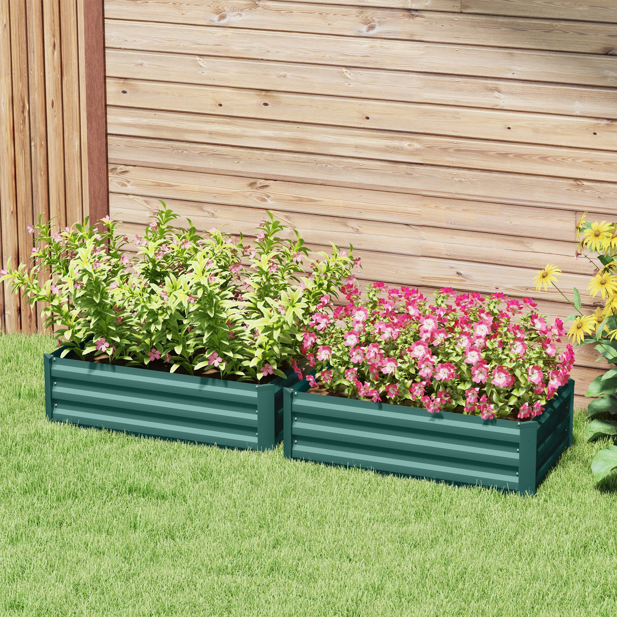 Outsunny Set of 2 Galvanized Raised Beds for Garden, Outdoor Planter Box for Flowers, Herbs and Vegetables, Green