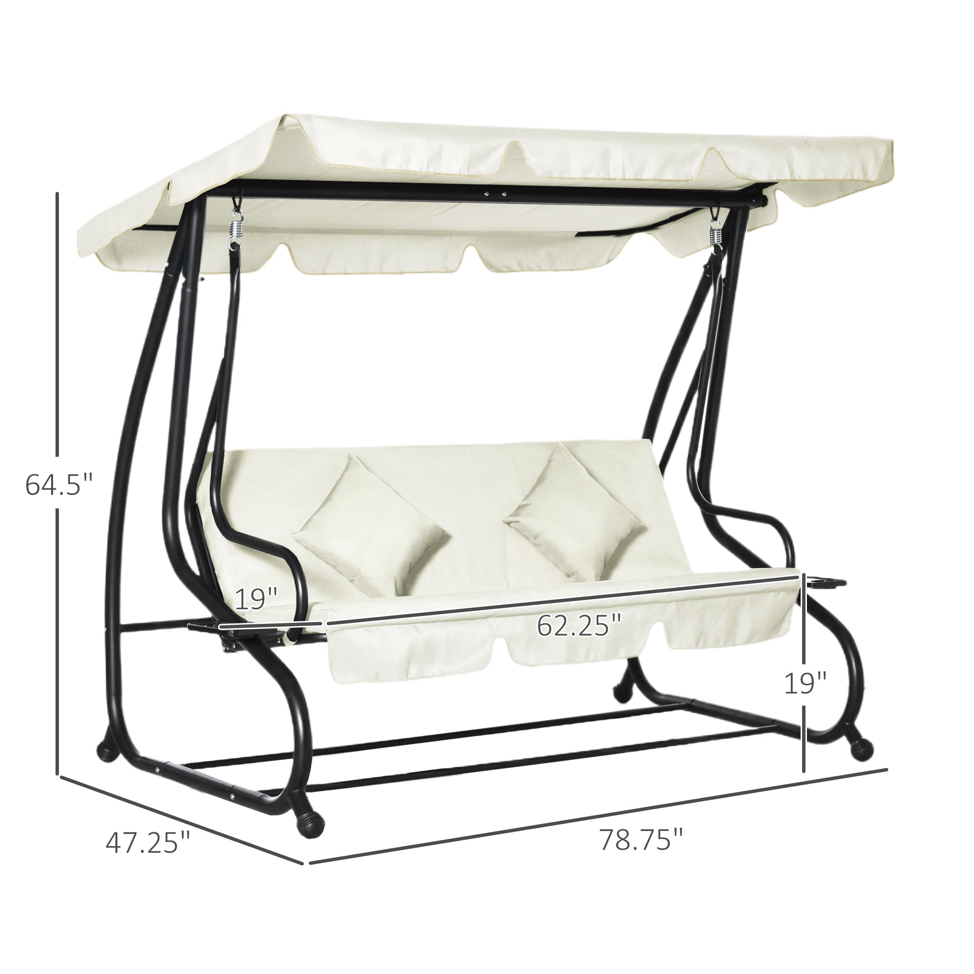 Outsunny 3 Seater Patio Swing Chair Convertible Cushioned Bed Outdoor Porch Backyard with Canopy and Pillow Cream White