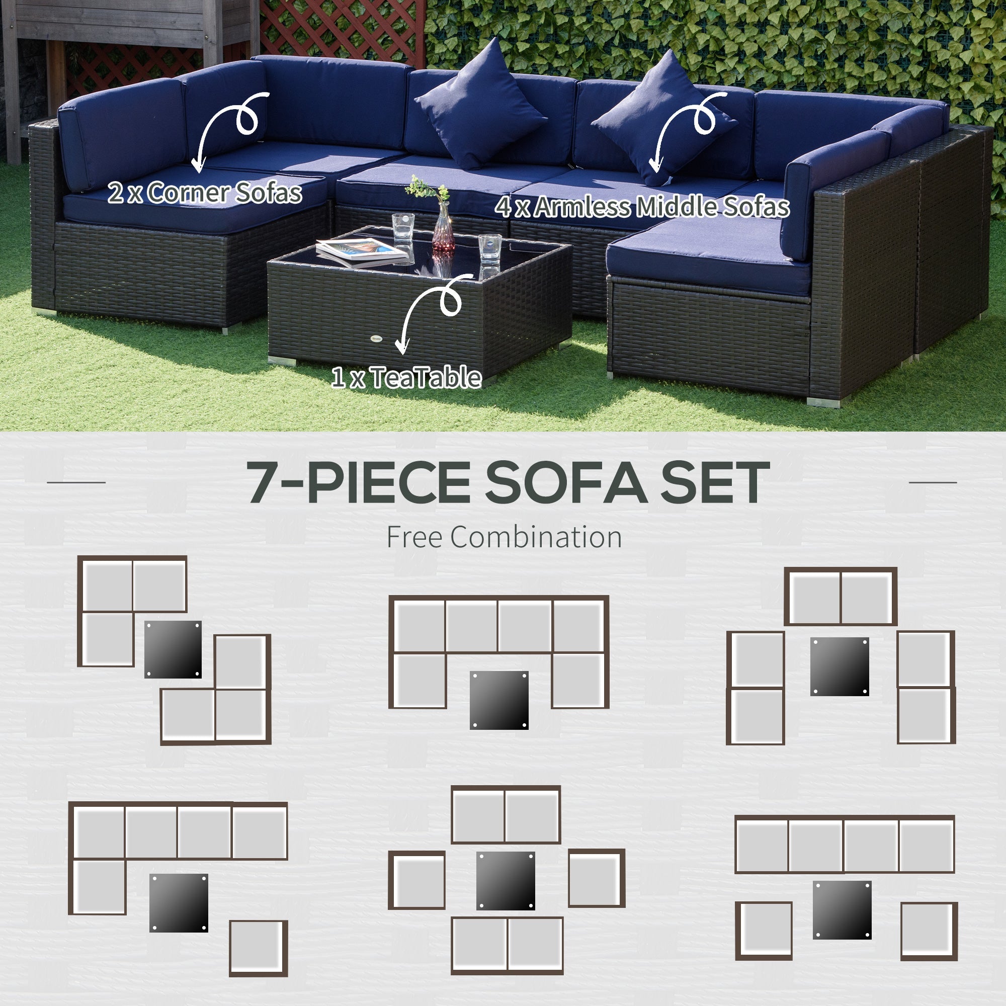 Outsunny Patio Dining Sets, 7-Piece Outdoor Sofa Set with Deep-Seat Cushions for All Weather Backyard Leisure, Navy Blue