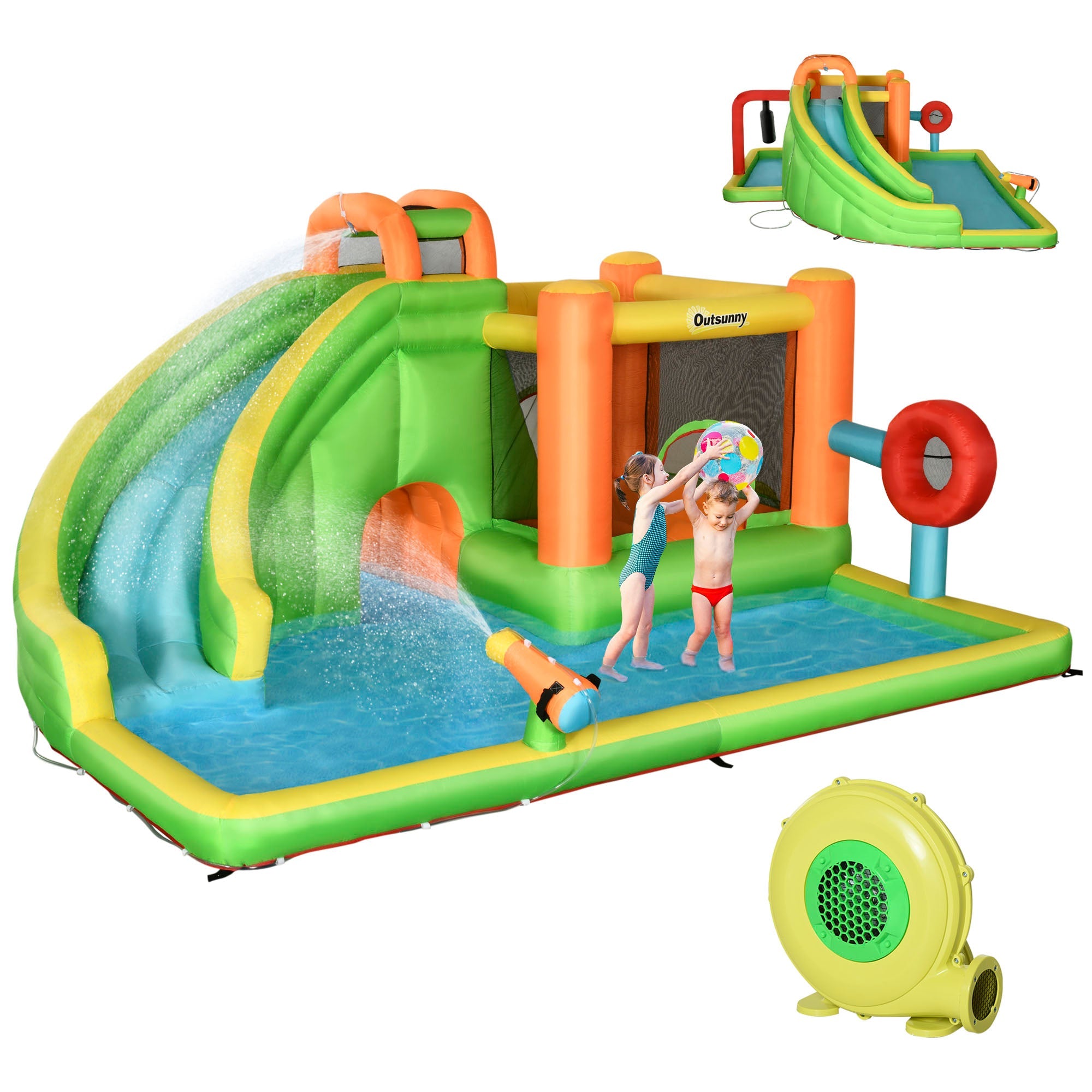 Outsunny 7-in-1 Inflatable Water Slide, Kids Castle Bounce House Includes Slide, Trampoline, Tunne