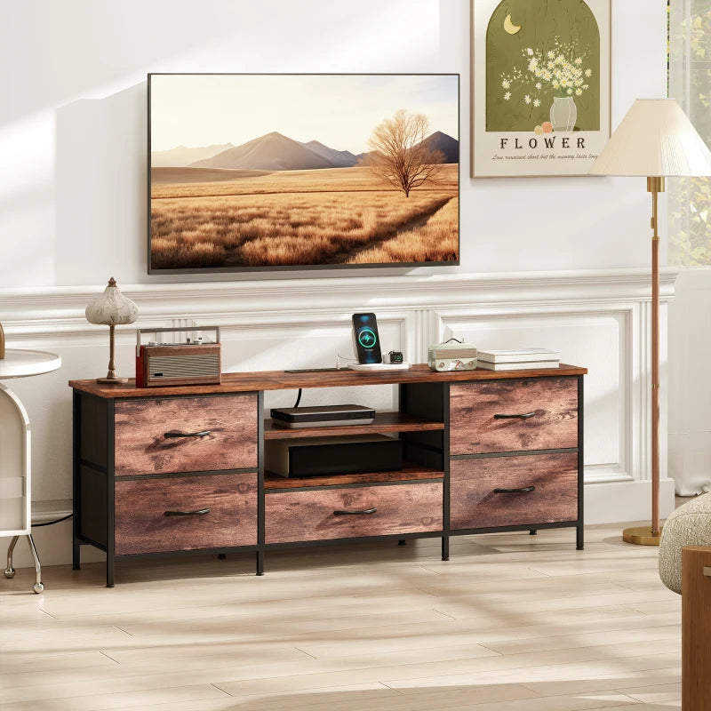 TV Stand for TVs up to 65 Inch, Industrial TV Console with Charging Station, 5 Drawers and Open Shelves, Rustic Brown