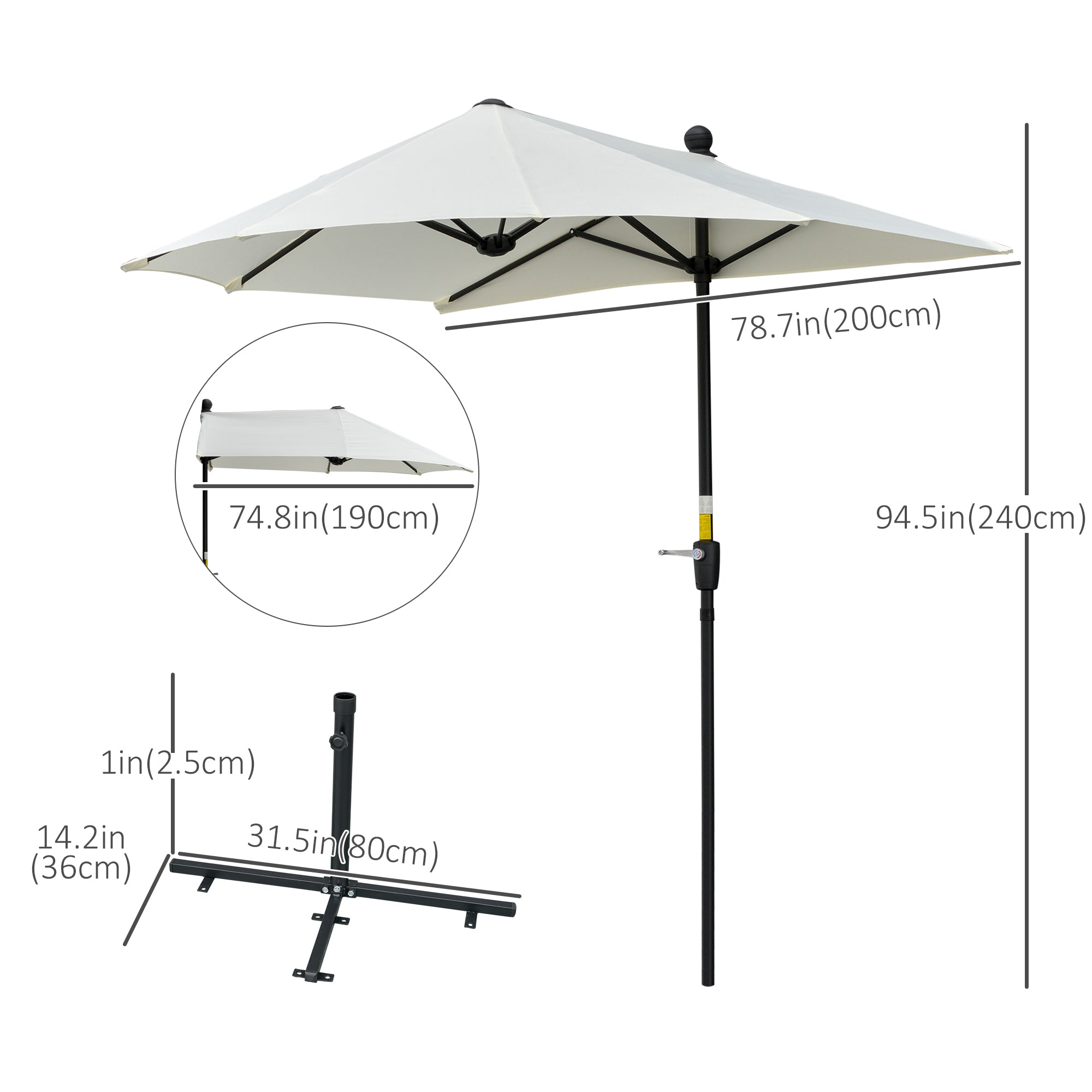Outsunny Half Patio Umbrella 6.6x6ft with Double-Sided Canopy, Crank Handle, Base - Ideal for Garden, Balcony in Cream