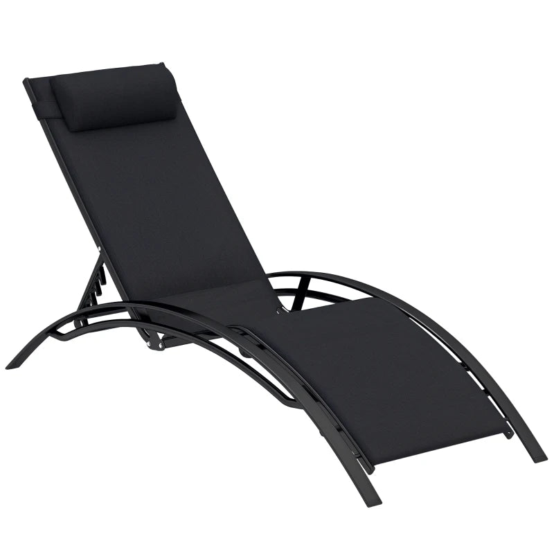 Patio Lounge Chair, Aluminum Reclining Outdoor Tanning Chair with 5-Level Adjustable Backrest, Head Pillow and Breathable Mesh Fabric, for Pool, Deck, Garden, Black