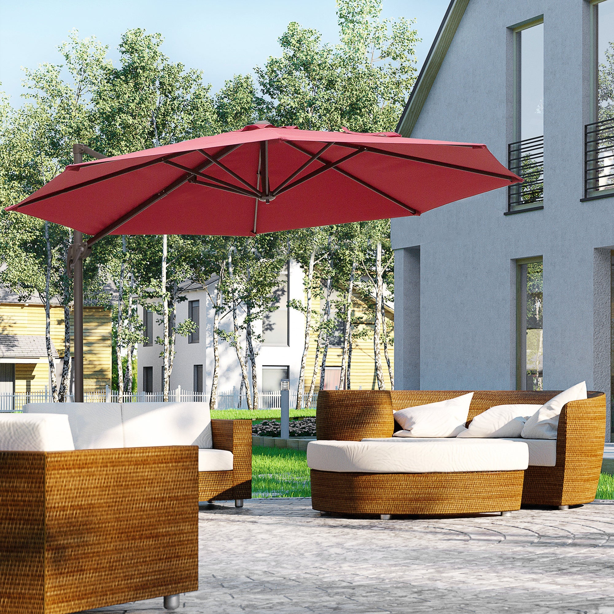 Outsunny 10ft Cantilever Patio Umbrella with 360° Rotation, Crank & Cross Base for Garden Deck Pool Backyard, Wine Red