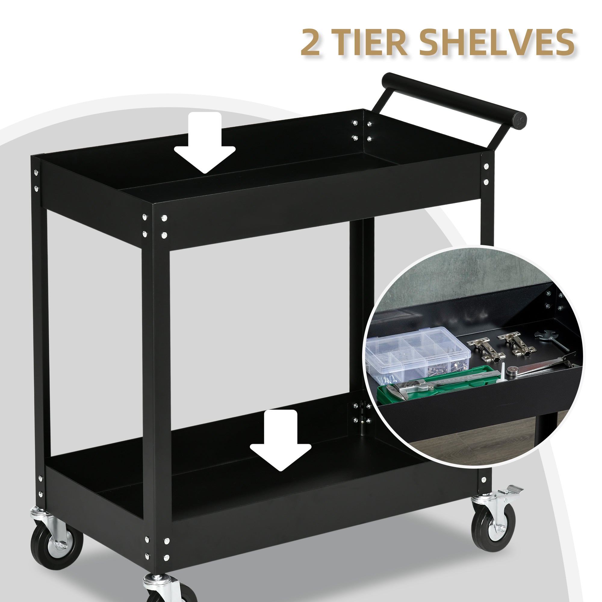 DURHAND Mobile Tool Station: 2-Tier Rolling Steel Utility Cart with 330lbs Capacity for Workshops & Garages, Black