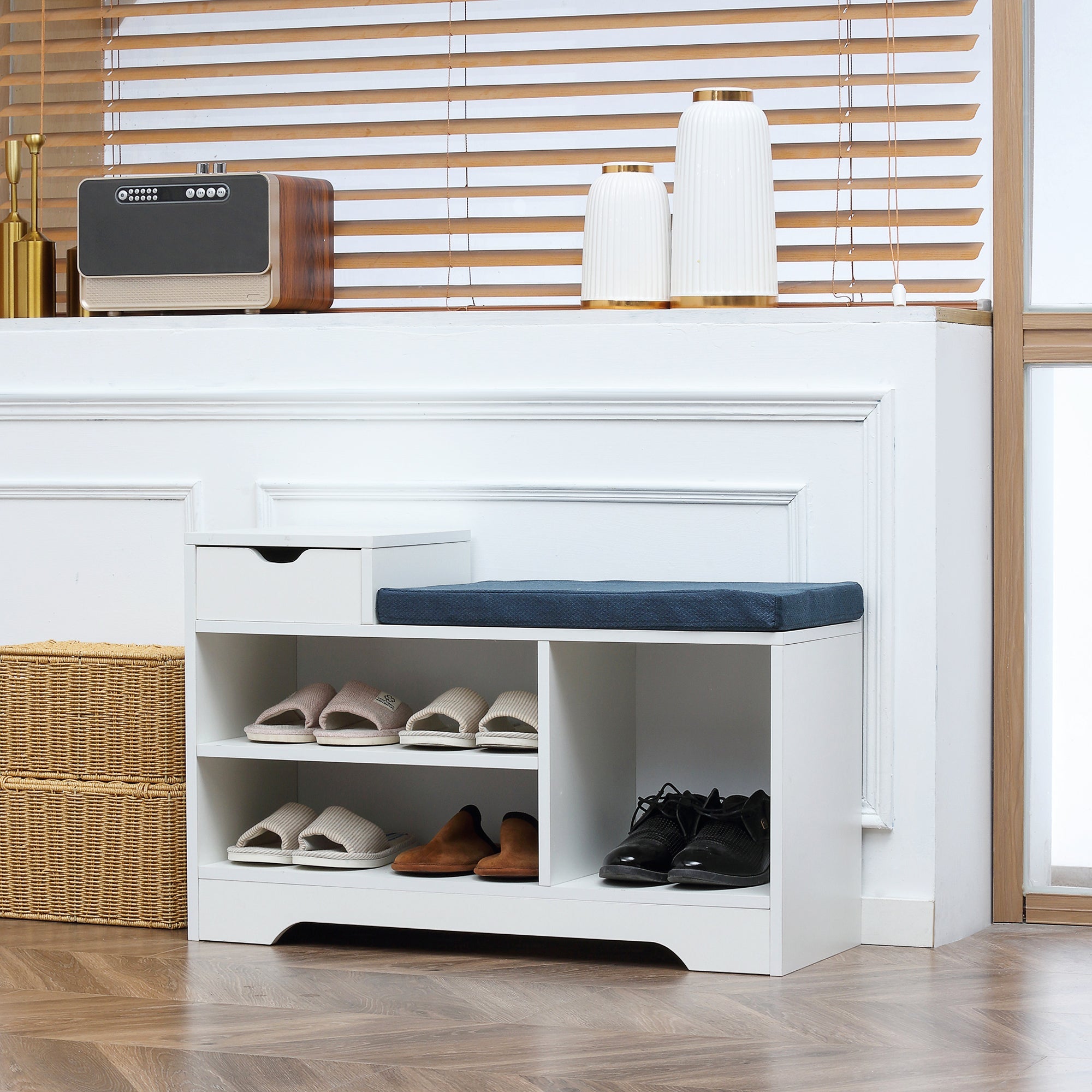 HOMCOM White Entryway Shoe Bench: Cushioned Seat with Storage Drawer & Open Shelving for Convenient Access