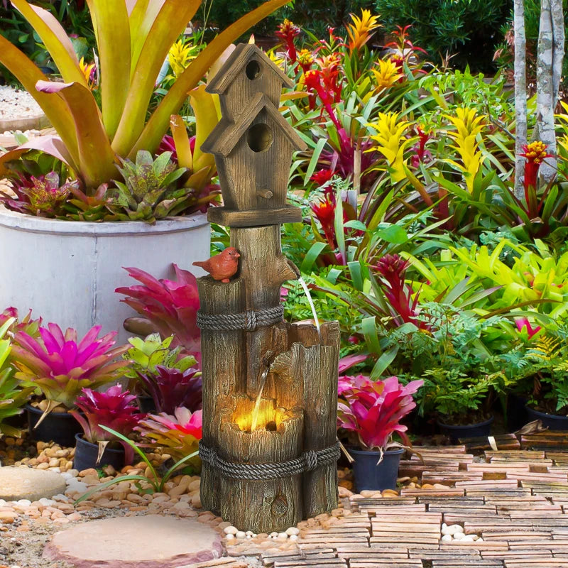 Outdoor Fountain, Garden Waterfall with Birdhouse, 3-Tier Tree Trunk Design, LED Lights for Porch, Deck, Yard, Brown