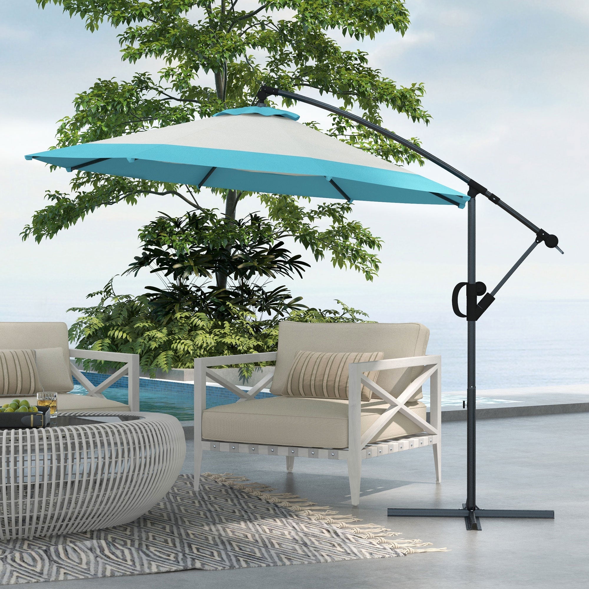 Outsunny 10 FT Cantilever Umbrella, Round Hanging Offset Umbrella with Crank, Tilt and Cross Base for Garden, Backyard, Blue