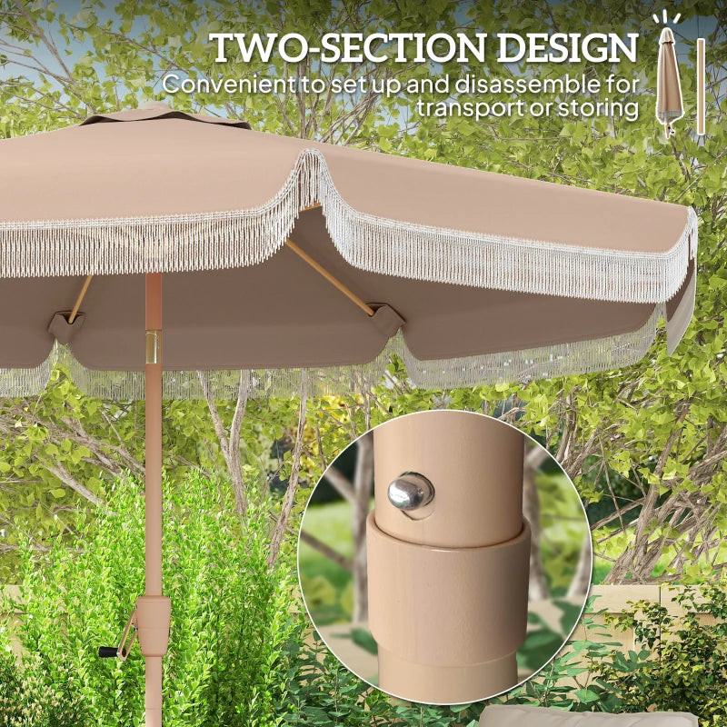 9 ft Patio Umbrella with Push Button Tilt and Crank, Fringed Outdoor Market Table Umbrella Parasol, Khaki