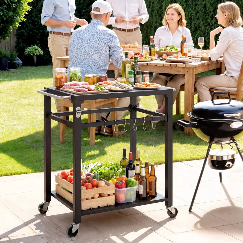 Outdoor Grill Cart, Pizza Oven Stand with Steel Top, 2-Tier Kitchen Prep Station with Hooks, Handle, Wheels, Black