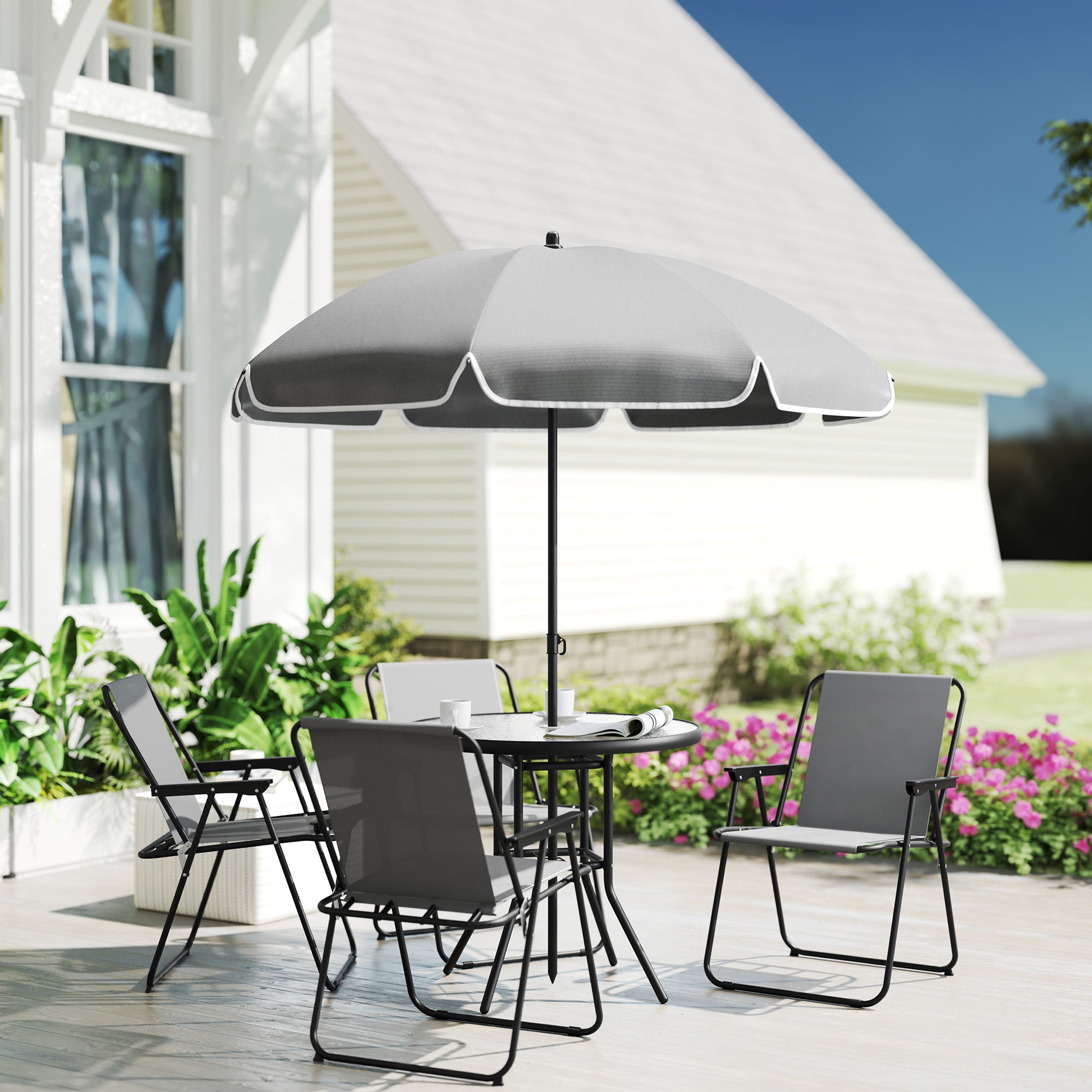 Outsunny 6 Pieces Patio Dining Set with Umbrella, Patio Furniture Set with Folding Chairs, Glass Table for Garden Backyard, Grey