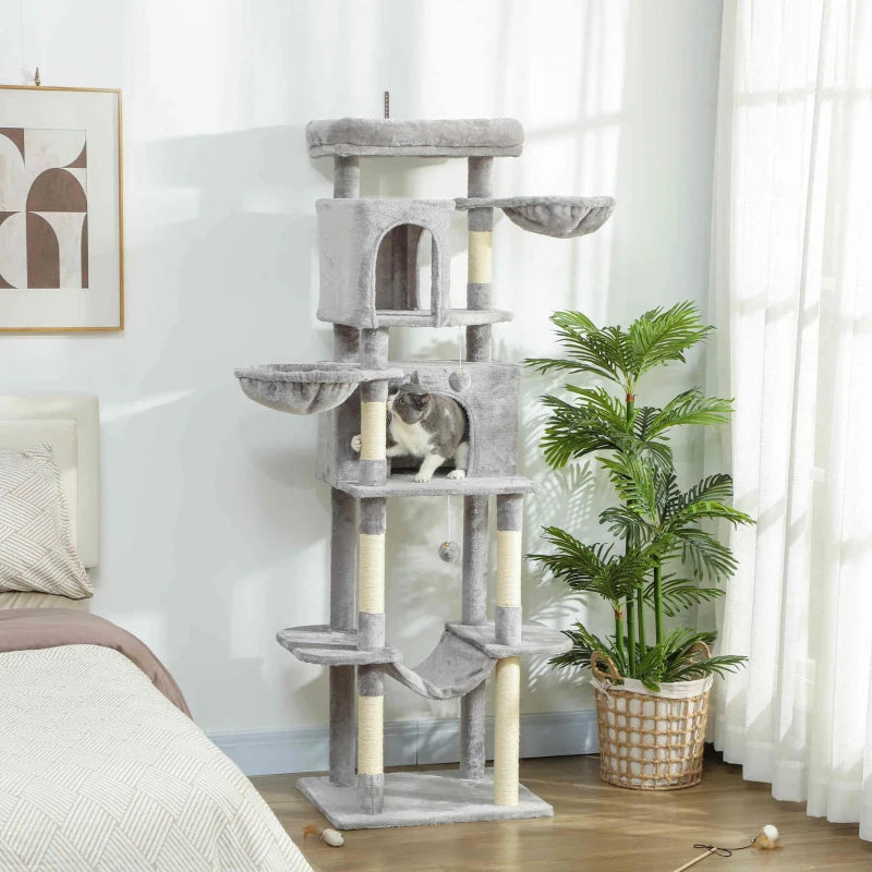 69" Cat Tree, Multi-Level Cat Tower with 2 Condos, Plush Perch and Sisal Scratching Posts, Light Grey