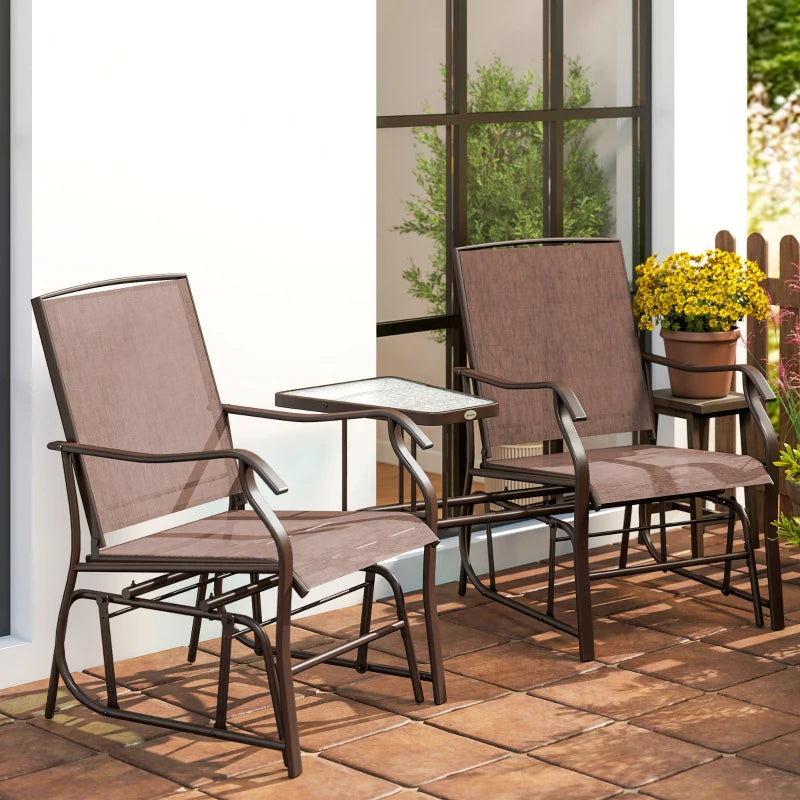 Double Patio Glider Chair with Glass Top Center Table, Outdoor Glider Loveseat with High Back, All Weather Breathable Mesh Fabric for Garden, Backyard, Deck, Brown