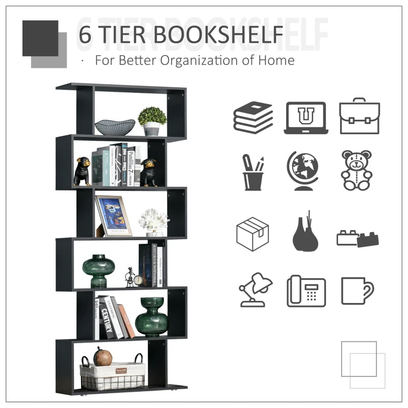 Wooden S Shape Bookcase 6 Shelves Storage Display Home Office Furniture