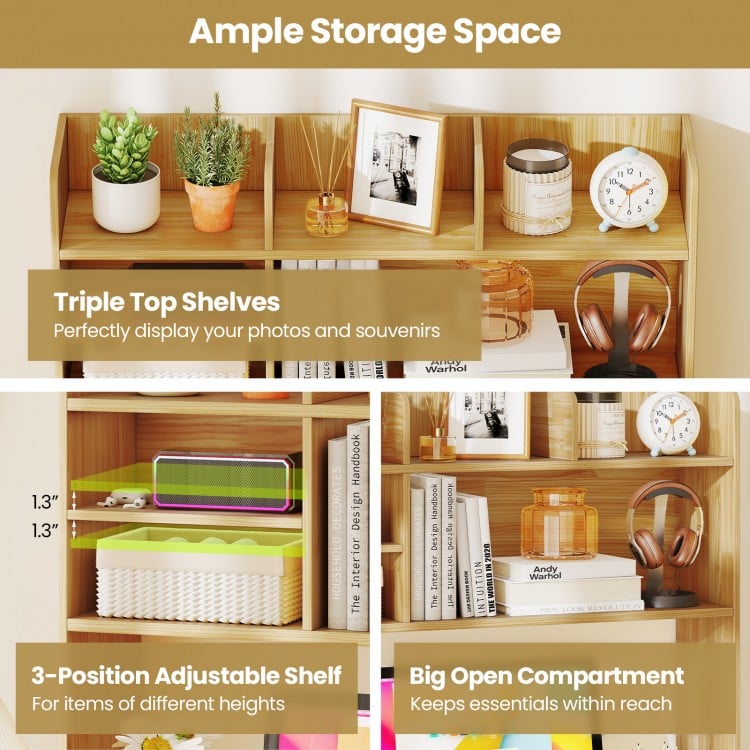 Desktop Bookshelf Countertop Storage Hutch with 6 Shelves-Beige