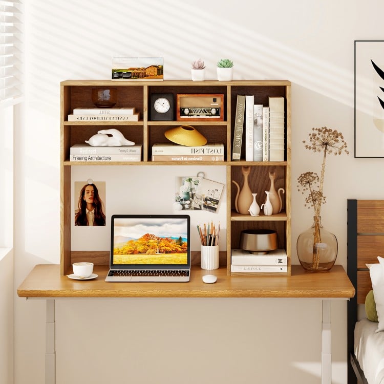 Desktop Bookshelf with 7 Open Cubbies and 3 Adjustable Shelves-Natural