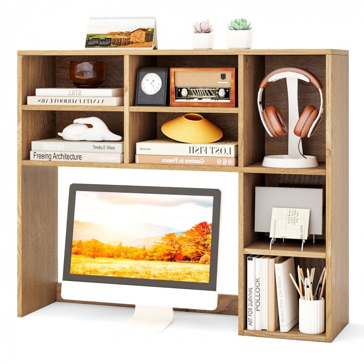 Desktop Bookshelf with 7 Open Cubbies and 3 Adjustable Shelves-Natural