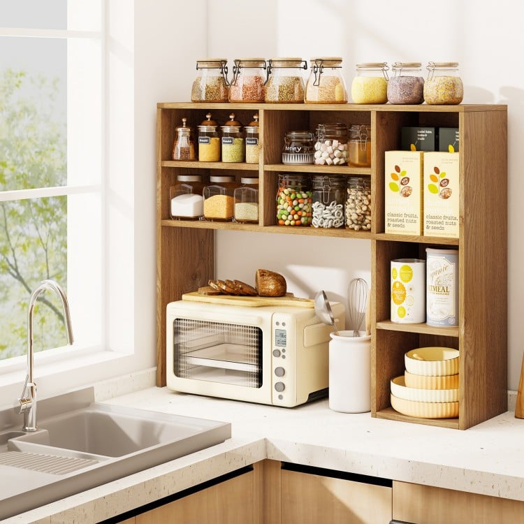Desktop Bookshelf with 7 Open Cubbies and 3 Adjustable Shelves-Natural