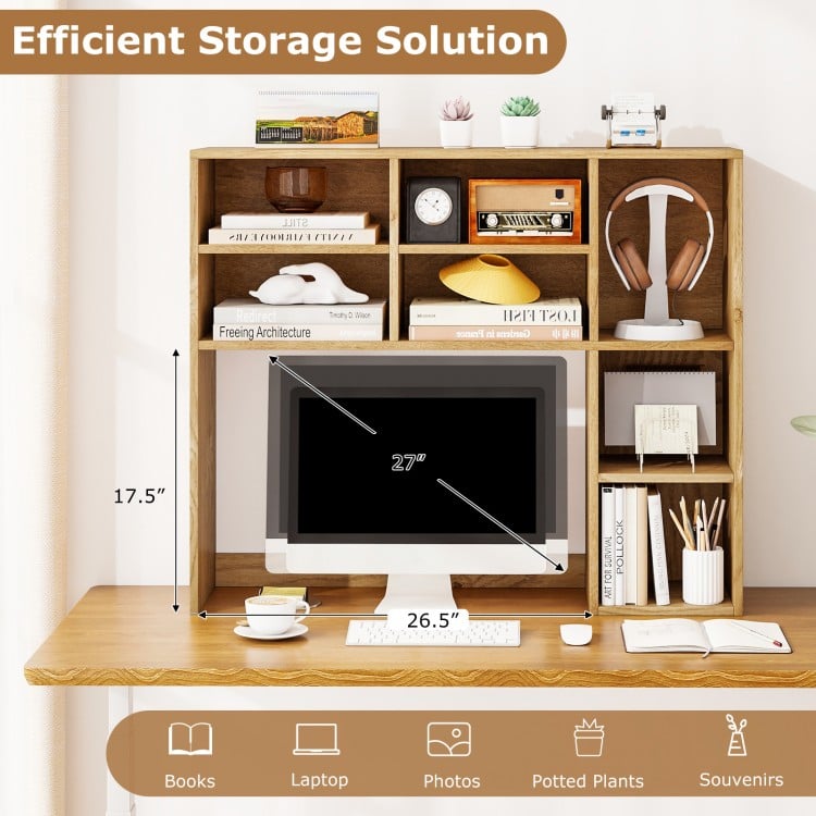 Desktop Bookshelf with 7 Open Cubbies and 3 Adjustable Shelves-Natural