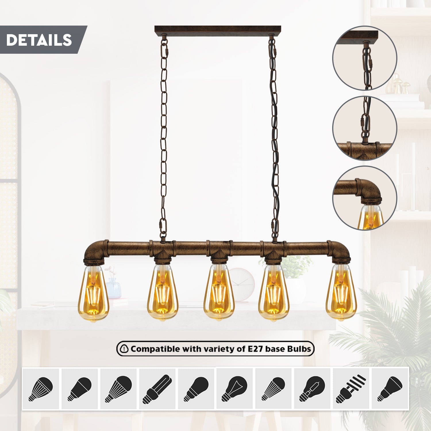 Waterpipe Ceiling Light 5 Light Chandelier Brushed Copper