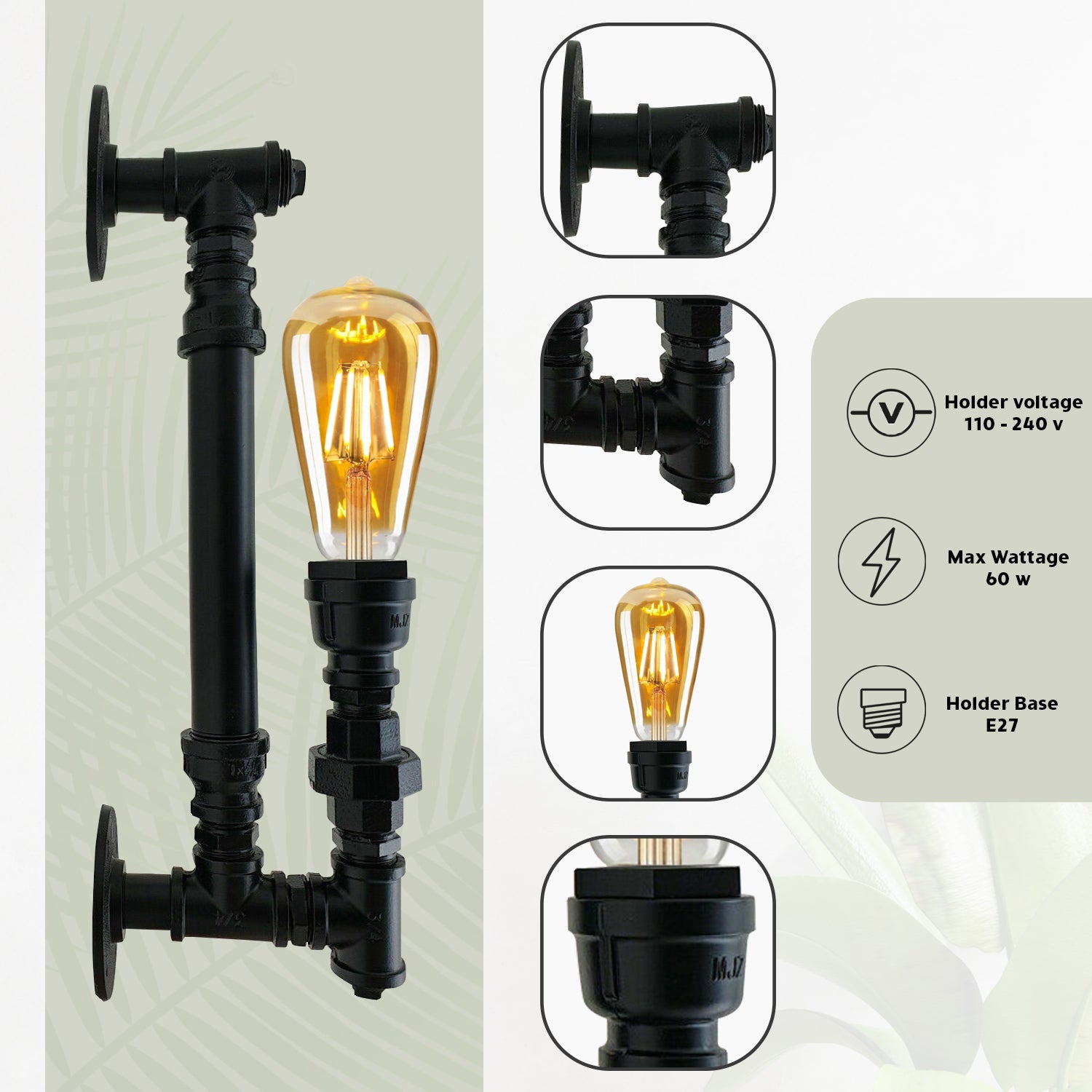 Industrial Black Wall Sconce pipe light~1622