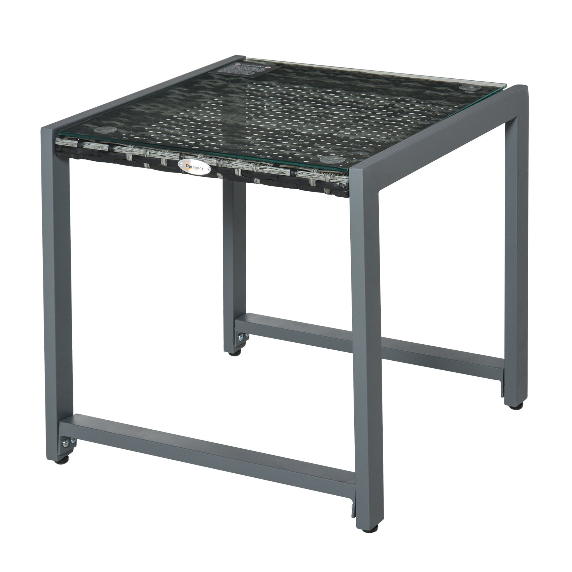 Outsunny Patio Rattan Coffee Table Wicker Side Table with Tempered Glass Top Aluminum Frame Outdoor Garden Gray